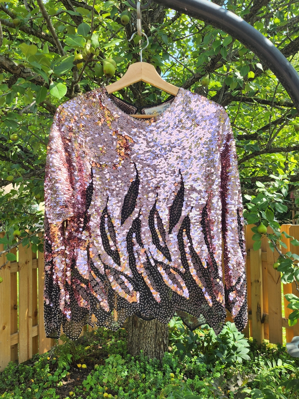 Vtg 80s Oleg Cassini 100% Silk Sz S Pink Black Sequin Beaded Top